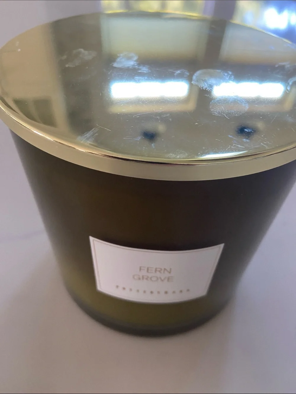 Pottery Barn Fern Grove Candle in Olive Green with Gold Lid